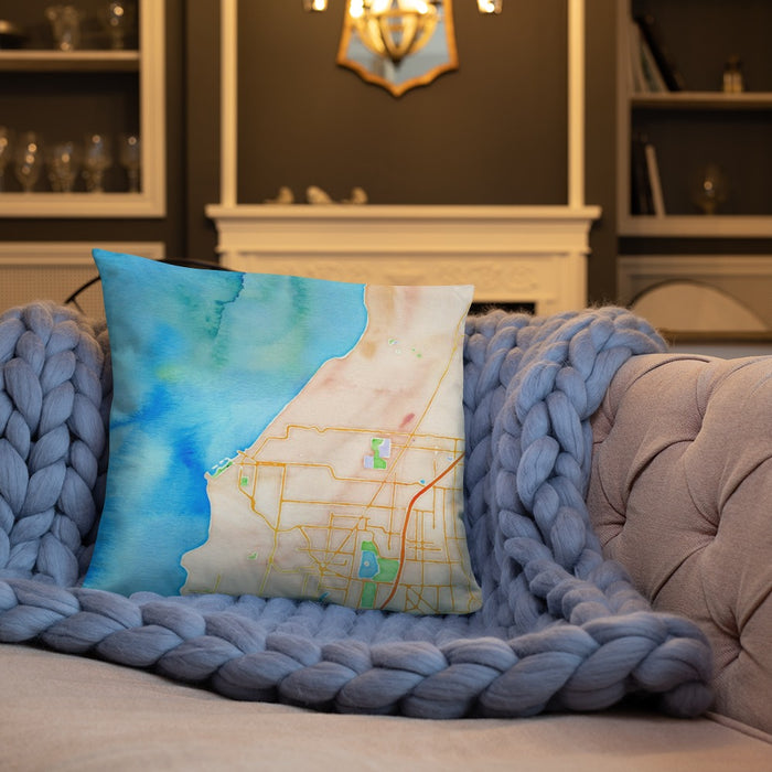 Custom Edmonds Washington Map Throw Pillow in Watercolor on Cream Colored Couch