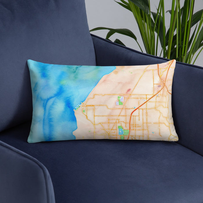 Custom Edmonds Washington Map Throw Pillow in Watercolor on Blue Colored Chair
