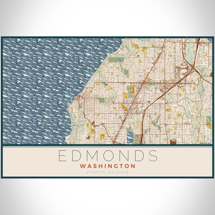 Edmonds Washington Map Print Landscape Orientation in Woodblock Style With Shaded Background