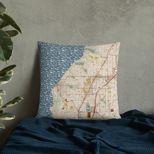 Custom Edmonds Washington Map Throw Pillow in Woodblock on Bedding Against Wall