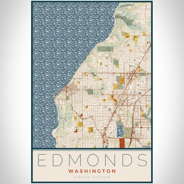 Edmonds Washington Map Print Portrait Orientation in Woodblock Style With Shaded Background