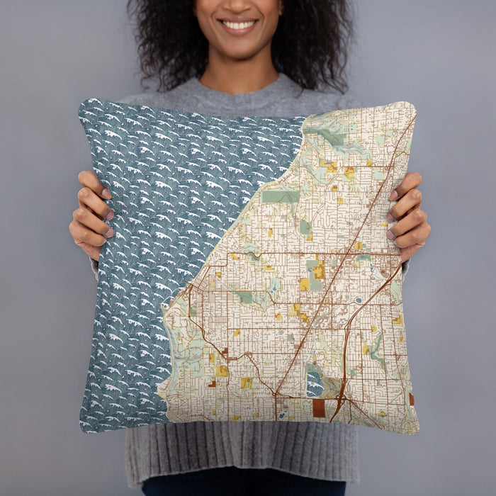 Person holding 18x18 Custom Edmonds Washington Map Throw Pillow in Woodblock