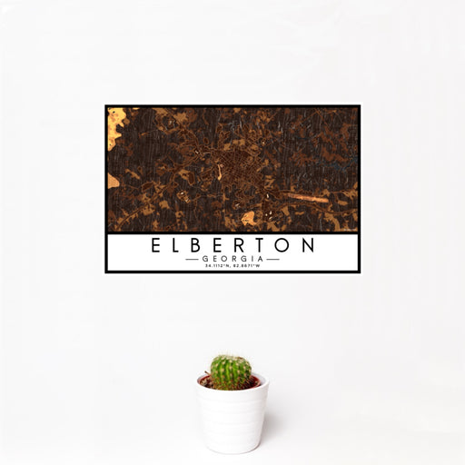 12x18 Elberton Georgia Map Print Landscape Orientation in Ember Style With Small Cactus Plant in White Planter