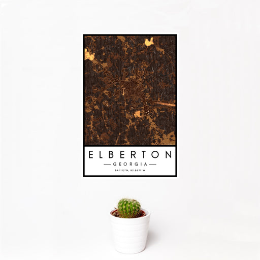 12x18 Elberton Georgia Map Print Portrait Orientation in Ember Style With Small Cactus Plant in White Planter