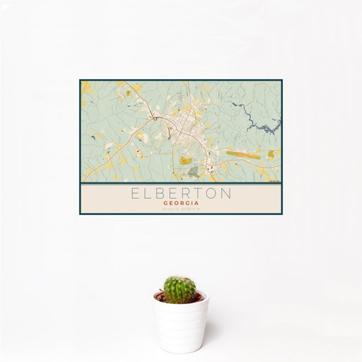 12x18 Elberton Georgia Map Print Landscape Orientation in Woodblock Style With Small Cactus Plant in White Planter