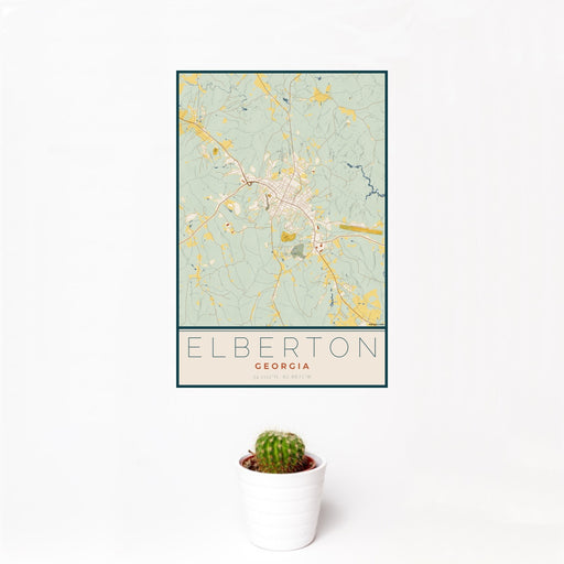 12x18 Elberton Georgia Map Print Portrait Orientation in Woodblock Style With Small Cactus Plant in White Planter