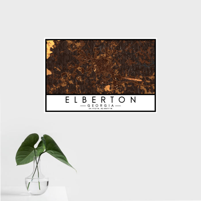 16x24 Elberton Georgia Map Print Landscape Orientation in Ember Style With Tropical Plant Leaves in Water
