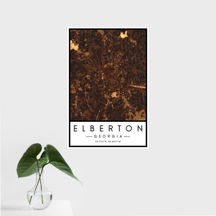 16x24 Elberton Georgia Map Print Portrait Orientation in Ember Style With Tropical Plant Leaves in Water