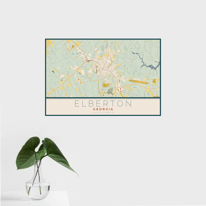 16x24 Elberton Georgia Map Print Landscape Orientation in Woodblock Style With Tropical Plant Leaves in Water