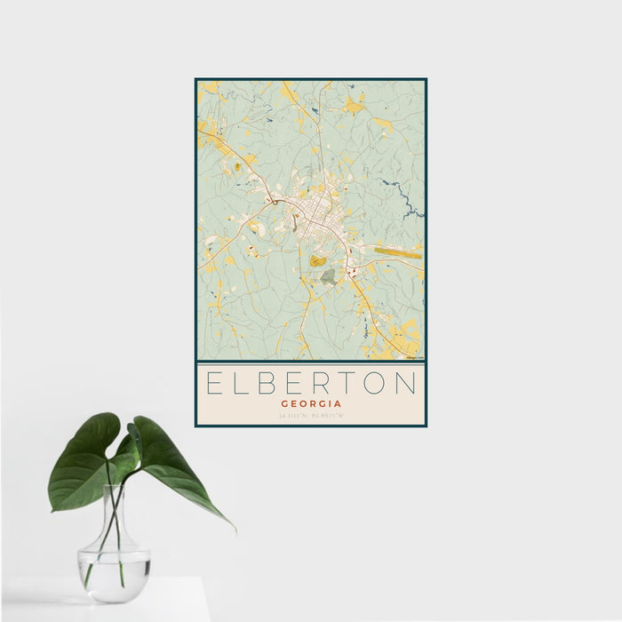 16x24 Elberton Georgia Map Print Portrait Orientation in Woodblock Style With Tropical Plant Leaves in Water