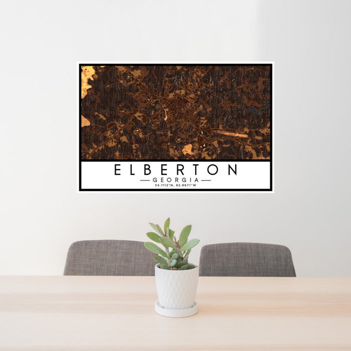 24x36 Elberton Georgia Map Print Lanscape Orientation in Ember Style Behind 2 Chairs Table and Potted Plant