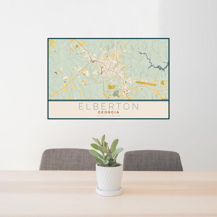 24x36 Elberton Georgia Map Print Lanscape Orientation in Woodblock Style Behind 2 Chairs Table and Potted Plant