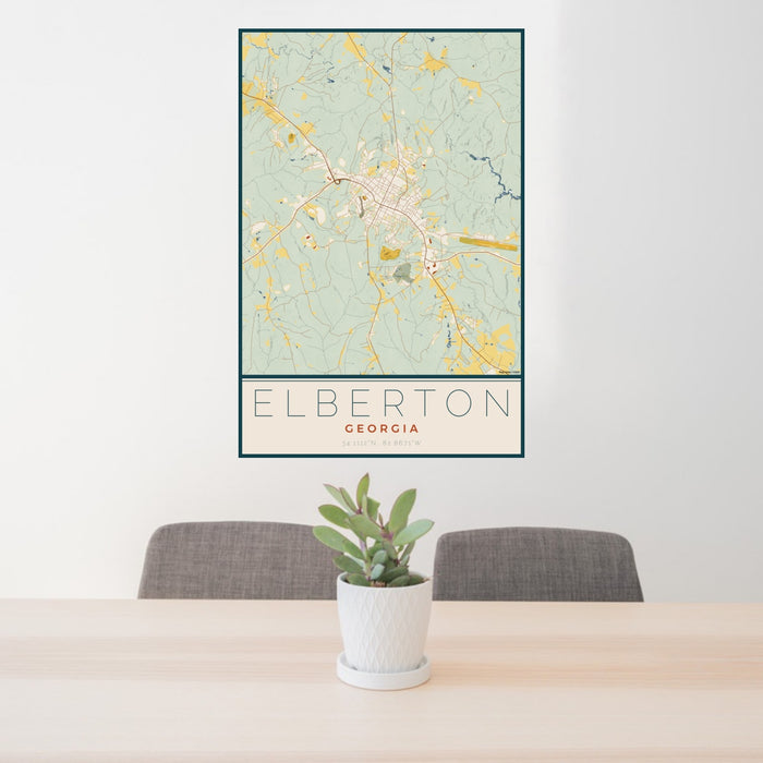 24x36 Elberton Georgia Map Print Portrait Orientation in Woodblock Style Behind 2 Chairs Table and Potted Plant