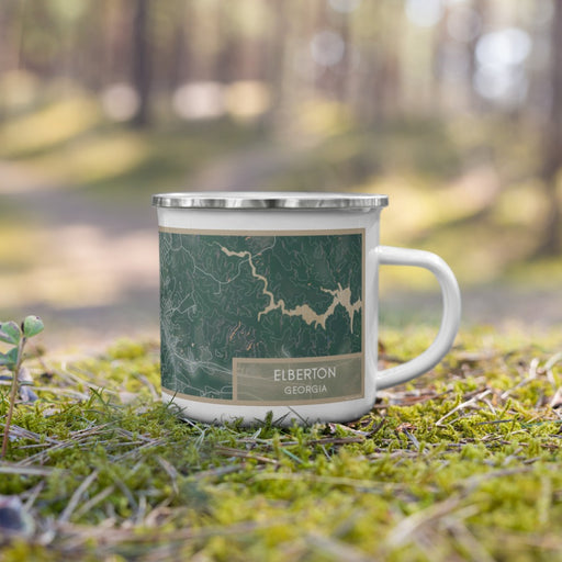 Right View Custom Elberton Georgia Map Enamel Mug in Afternoon on Grass With Trees in Background