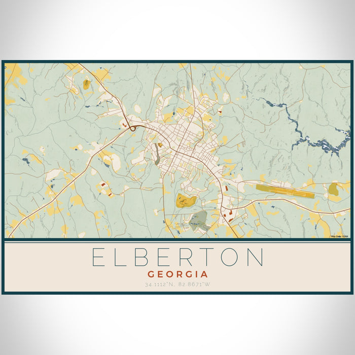 Elberton Georgia Map Print Landscape Orientation in Woodblock Style With Shaded Background