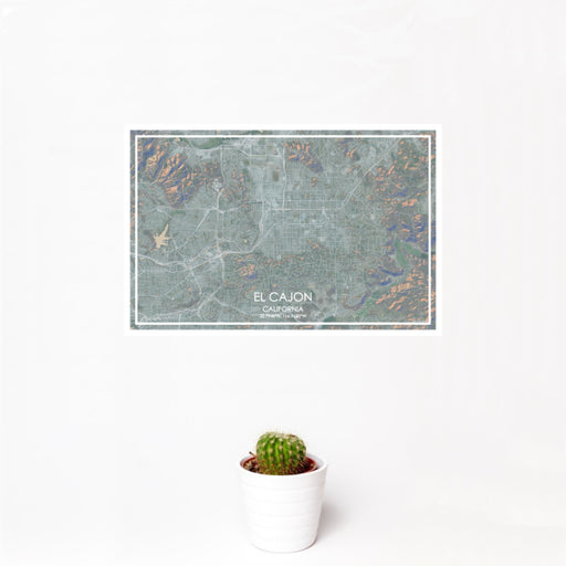 12x18 El Cajon California Map Print Landscape Orientation in Afternoon Style With Small Cactus Plant in White Planter