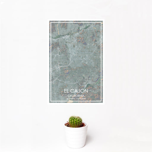 12x18 El Cajon California Map Print Portrait Orientation in Afternoon Style With Small Cactus Plant in White Planter