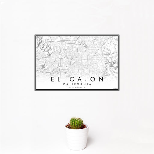 12x18 El Cajon California Map Print Landscape Orientation in Classic Style With Small Cactus Plant in White Planter