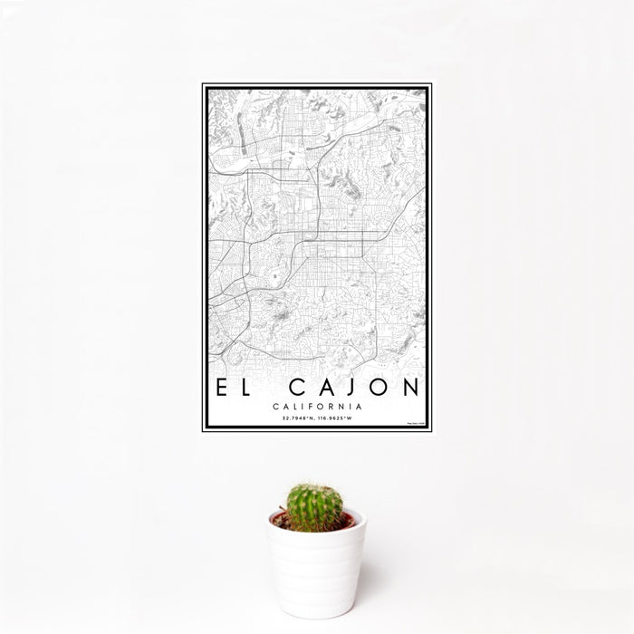 12x18 El Cajon California Map Print Portrait Orientation in Classic Style With Small Cactus Plant in White Planter