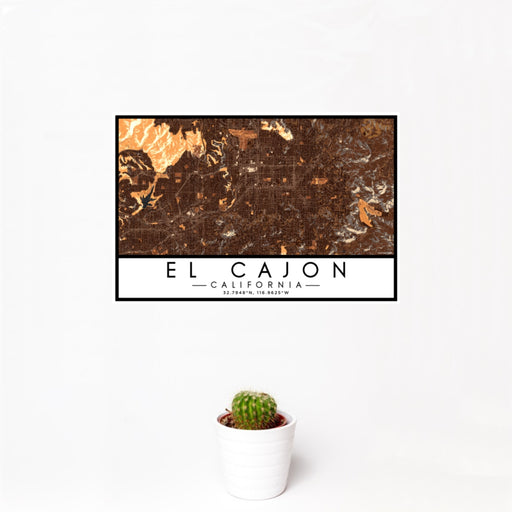 12x18 El Cajon California Map Print Landscape Orientation in Ember Style With Small Cactus Plant in White Planter