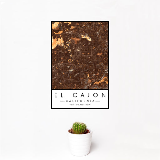 12x18 El Cajon California Map Print Portrait Orientation in Ember Style With Small Cactus Plant in White Planter