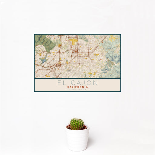 12x18 El Cajon California Map Print Landscape Orientation in Woodblock Style With Small Cactus Plant in White Planter