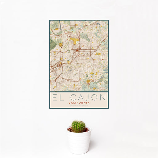 12x18 El Cajon California Map Print Portrait Orientation in Woodblock Style With Small Cactus Plant in White Planter