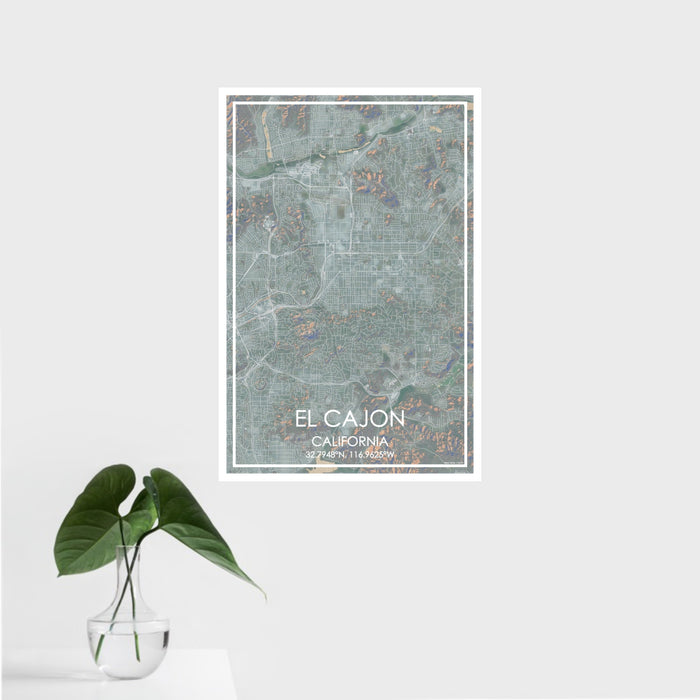 16x24 El Cajon California Map Print Portrait Orientation in Afternoon Style With Tropical Plant Leaves in Water