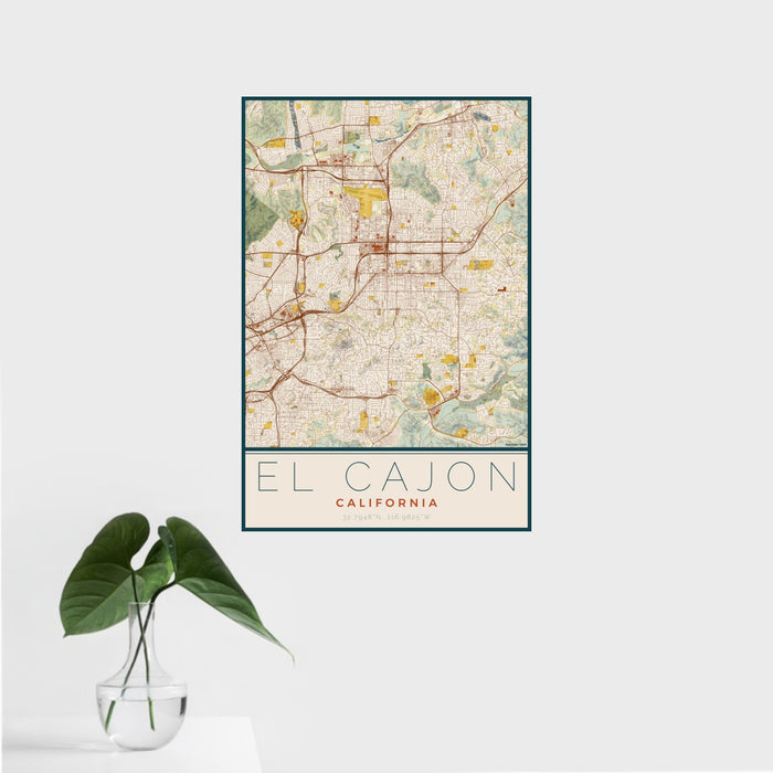 16x24 El Cajon California Map Print Portrait Orientation in Woodblock Style With Tropical Plant Leaves in Water