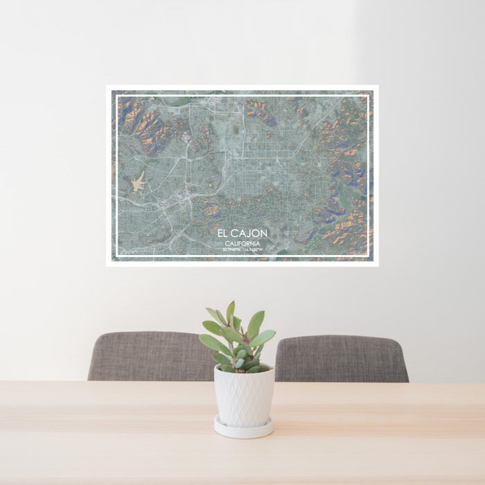 24x36 El Cajon California Map Print Lanscape Orientation in Afternoon Style Behind 2 Chairs Table and Potted Plant