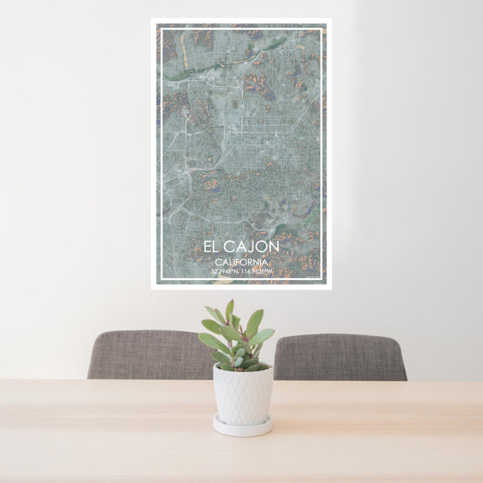 24x36 El Cajon California Map Print Portrait Orientation in Afternoon Style Behind 2 Chairs Table and Potted Plant