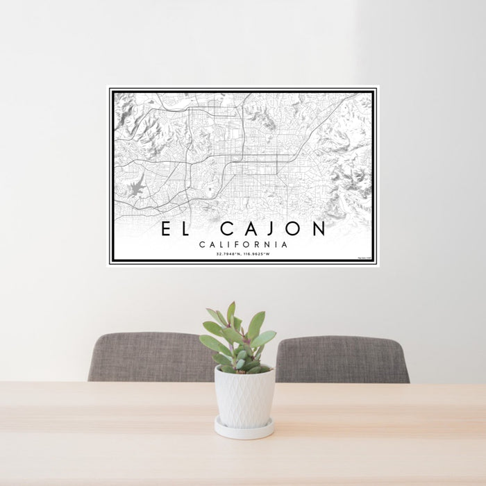 24x36 El Cajon California Map Print Lanscape Orientation in Classic Style Behind 2 Chairs Table and Potted Plant