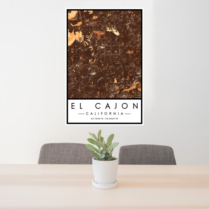 24x36 El Cajon California Map Print Portrait Orientation in Ember Style Behind 2 Chairs Table and Potted Plant