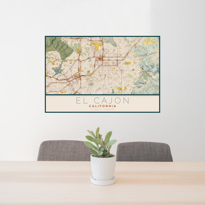 24x36 El Cajon California Map Print Lanscape Orientation in Woodblock Style Behind 2 Chairs Table and Potted Plant