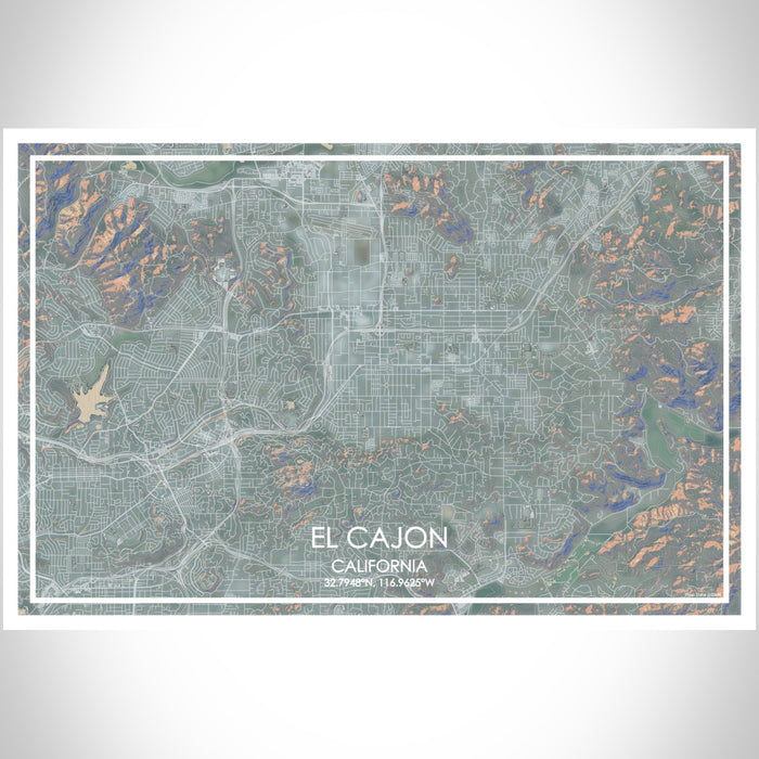 El Cajon California Map Print Landscape Orientation in Afternoon Style With Shaded Background