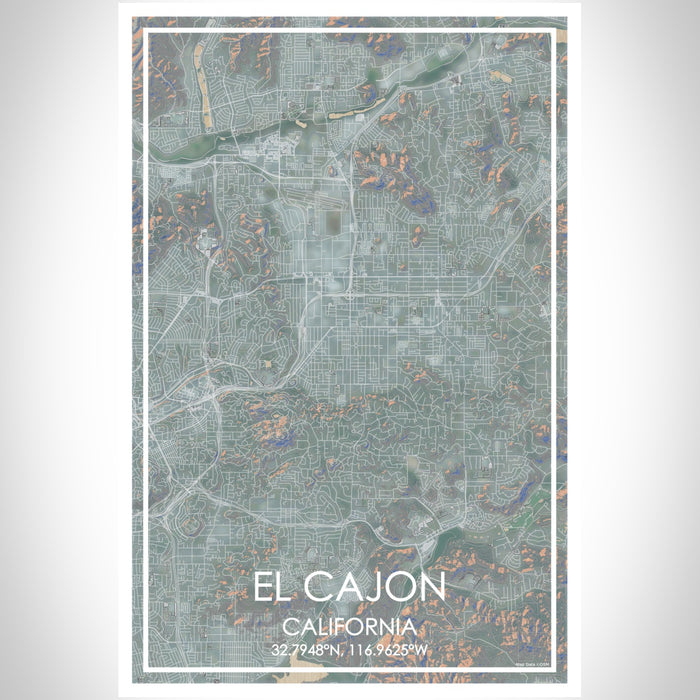 El Cajon California Map Print Portrait Orientation in Afternoon Style With Shaded Background