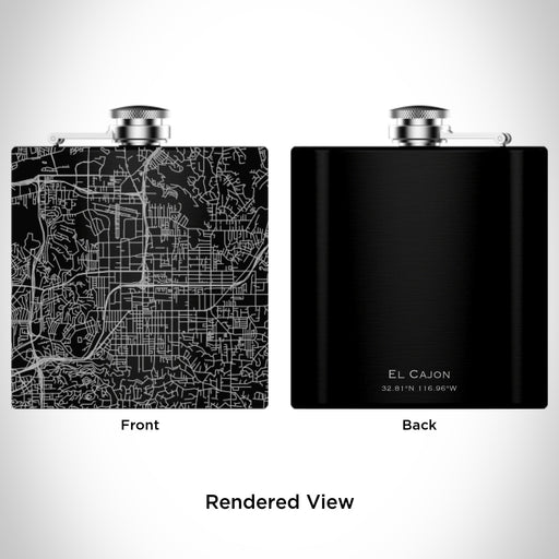 Rendered View of El Cajon California Map Engraving on 6oz Stainless Steel Flask in Black