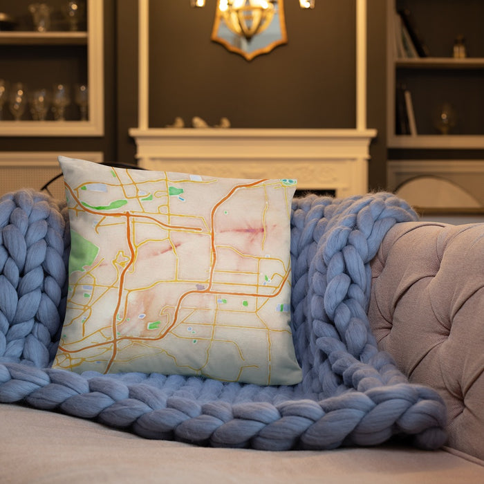 Custom El Cajon California Map Throw Pillow in Watercolor on Cream Colored Couch