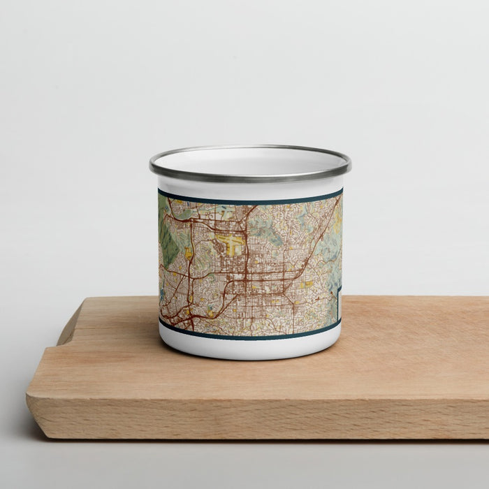 Front View Custom El Cajon California Map Enamel Mug in Woodblock on Cutting Board