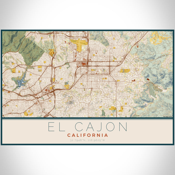 El Cajon California Map Print Landscape Orientation in Woodblock Style With Shaded Background