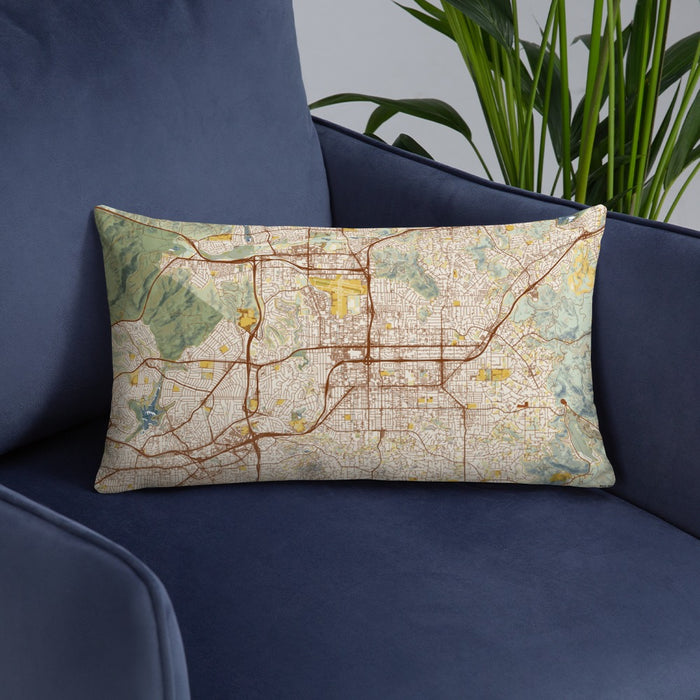 Custom El Cajon California Map Throw Pillow in Woodblock on Blue Colored Chair