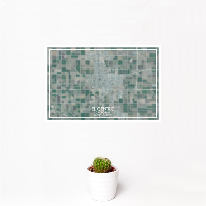 12x18 El Centro California Map Print Landscape Orientation in Afternoon Style With Small Cactus Plant in White Planter