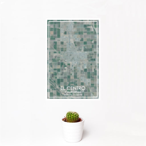 12x18 El Centro California Map Print Portrait Orientation in Afternoon Style With Small Cactus Plant in White Planter