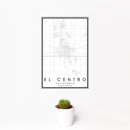 12x18 El Centro California Map Print Portrait Orientation in Classic Style With Small Cactus Plant in White Planter