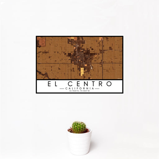 12x18 El Centro California Map Print Landscape Orientation in Ember Style With Small Cactus Plant in White Planter