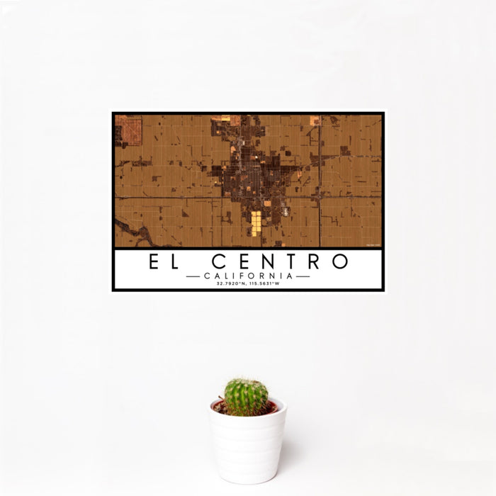 12x18 El Centro California Map Print Landscape Orientation in Ember Style With Small Cactus Plant in White Planter