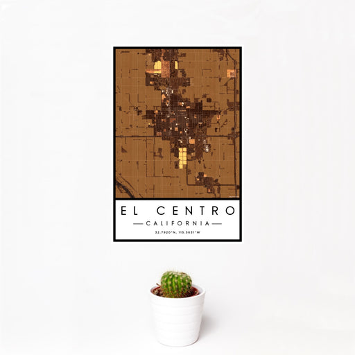 12x18 El Centro California Map Print Portrait Orientation in Ember Style With Small Cactus Plant in White Planter