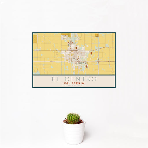 12x18 El Centro California Map Print Landscape Orientation in Woodblock Style With Small Cactus Plant in White Planter