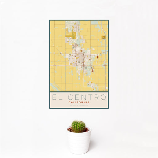 12x18 El Centro California Map Print Portrait Orientation in Woodblock Style With Small Cactus Plant in White Planter