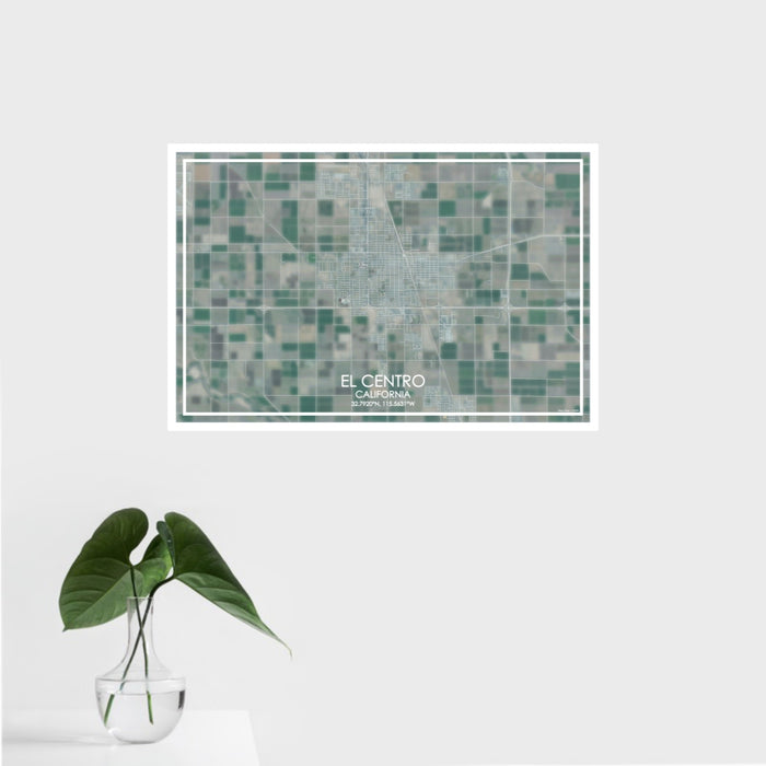 16x24 El Centro California Map Print Landscape Orientation in Afternoon Style With Tropical Plant Leaves in Water
